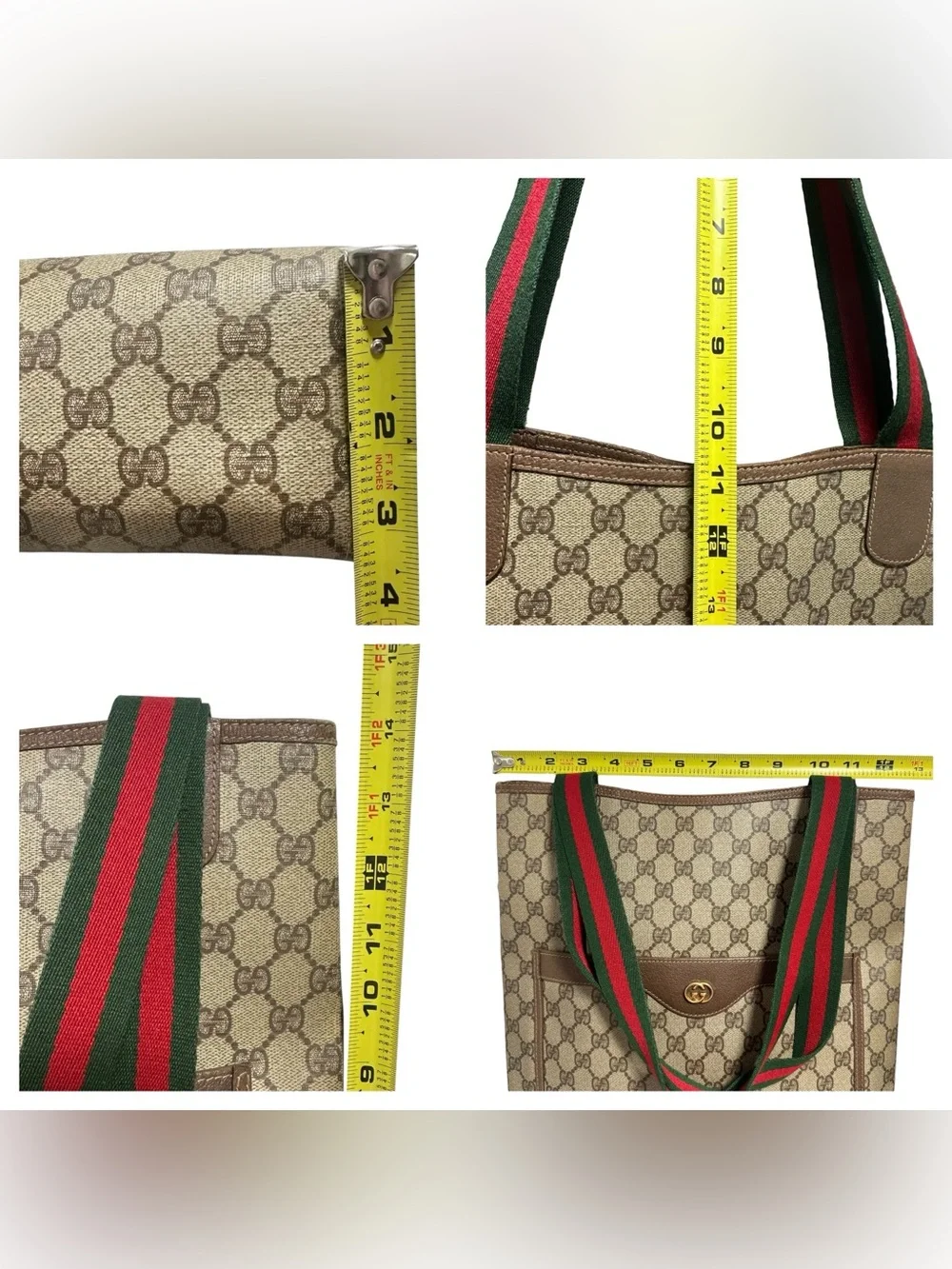 Gucci GG Supreme Canvas & Brown Leather Red Green Sherry Stripe Vintage Tote Bag_11